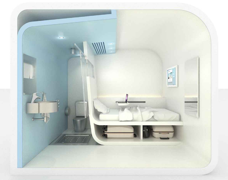 Dream and Fly Bubbles sleeping pod interior showing bathroom view, bed and room for storing luggage (Click to enlarge)