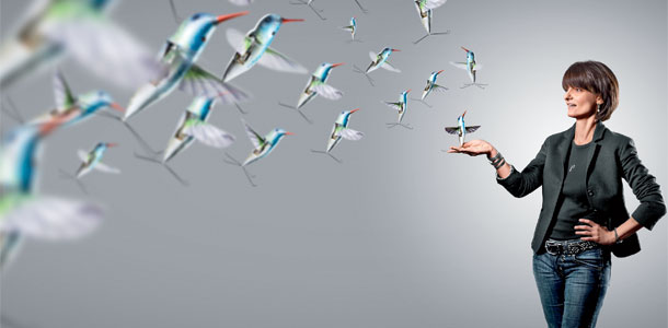 Dugan, shown here with the Nano Hummingbird, a miniature flying robot with a camera that can transmit live video. | Photo by Douglas Sonders