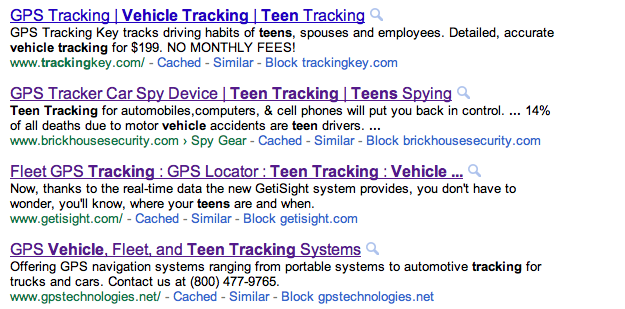 Google GPS tracking search results