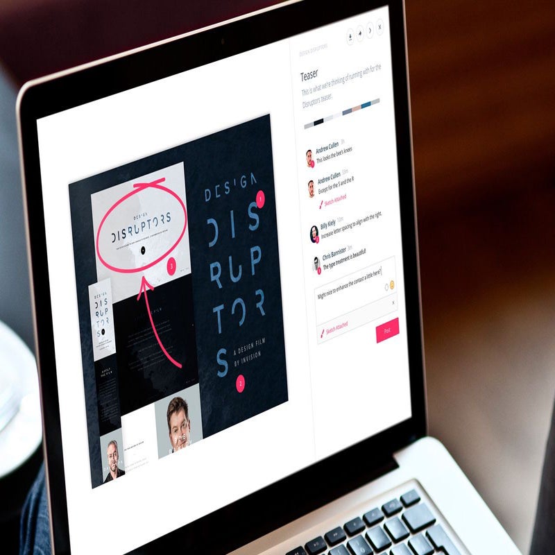 InVision feedback interface on a laptop, with pink annotations and a comment sidebar