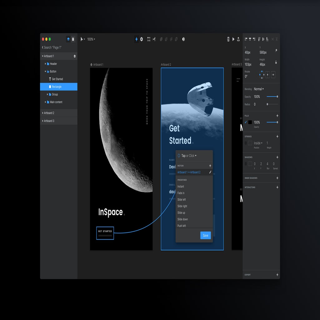 InVision Studio interface showing two space-themed mobile artboards connected by a prototype interaction