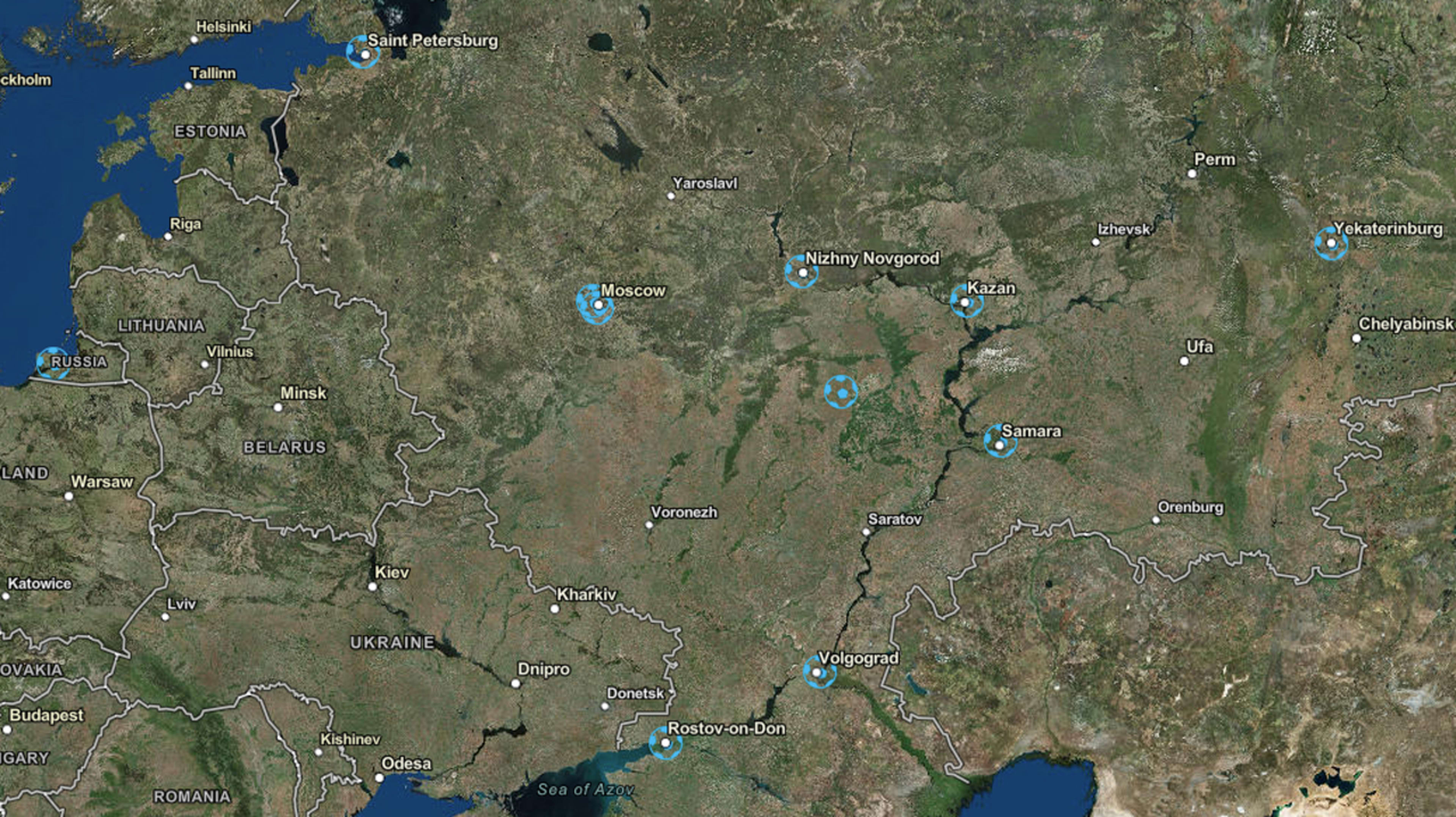 This map of World Cup stadiums shows super hi-res satellite images of all 12 Russian venues