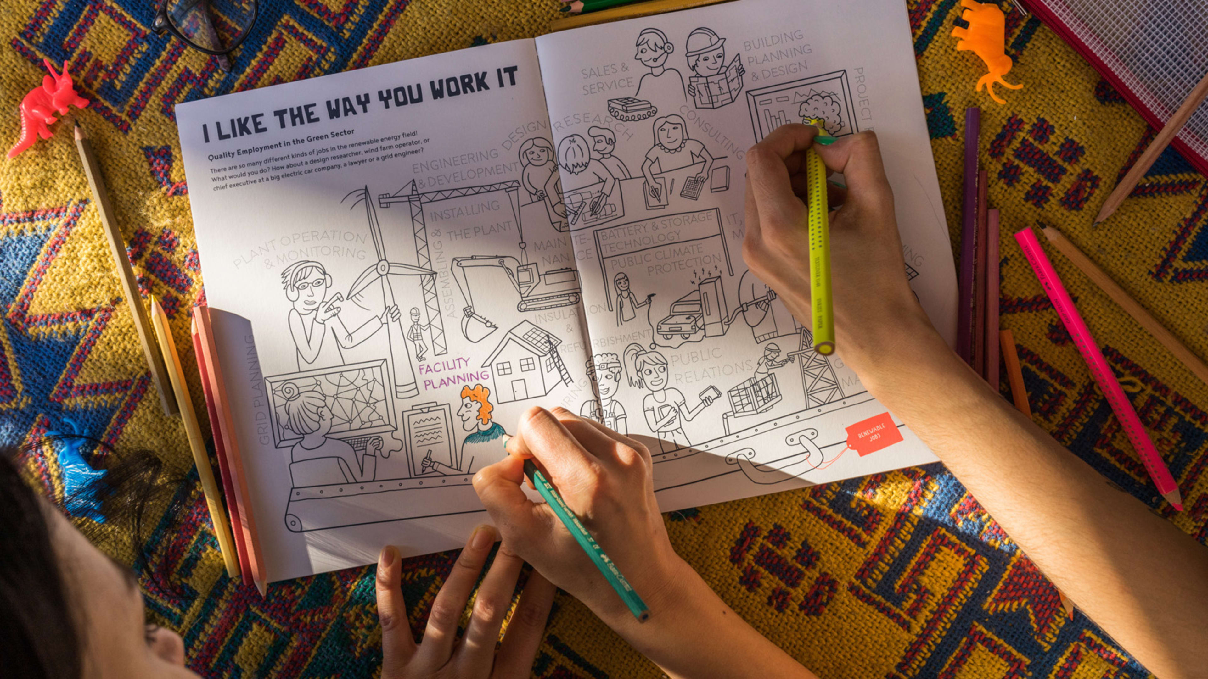 This climate change coloring book illustrates how we transition to clean energy