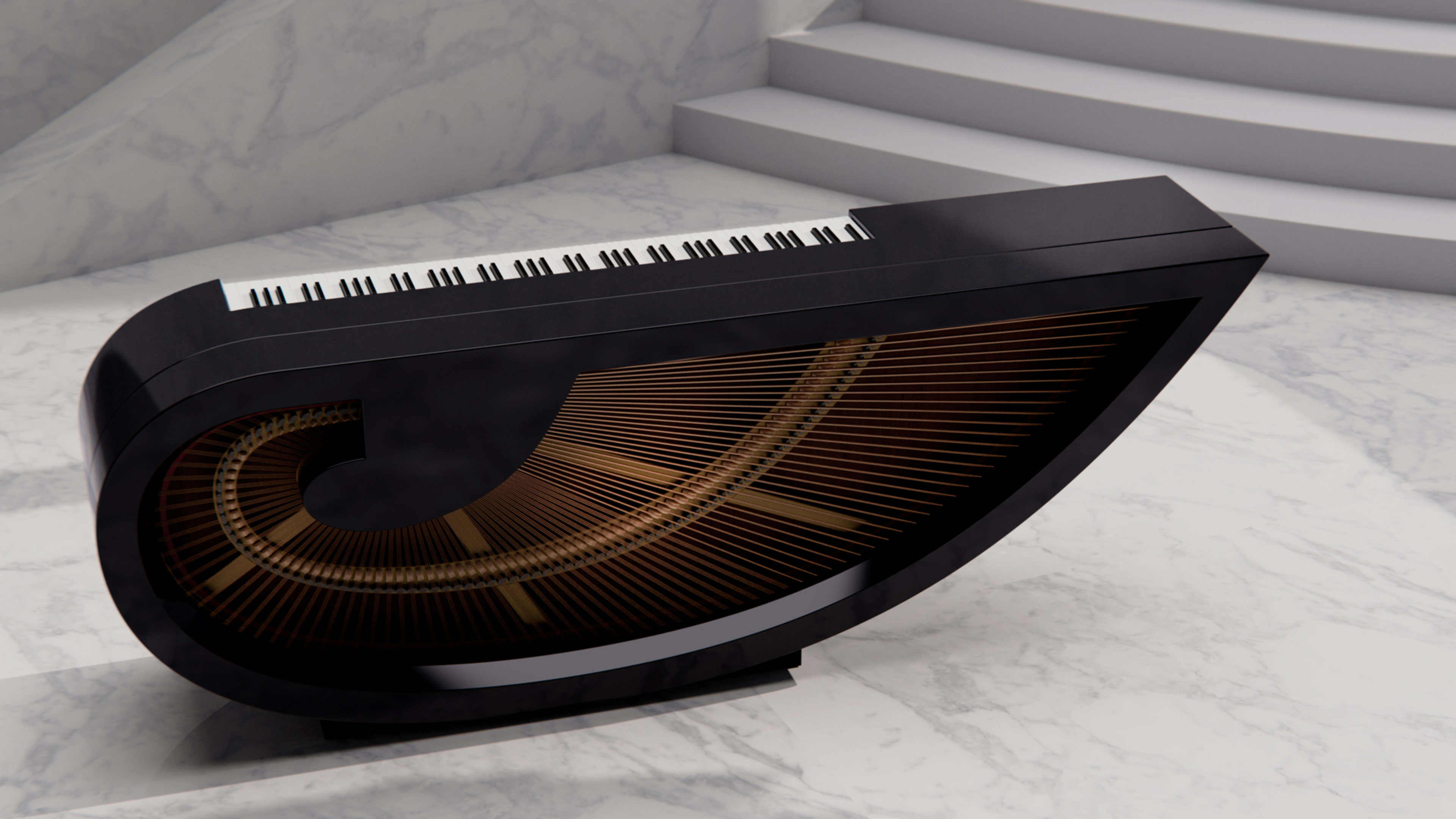 This wing-shaped instrument is a redesigned baby grand piano