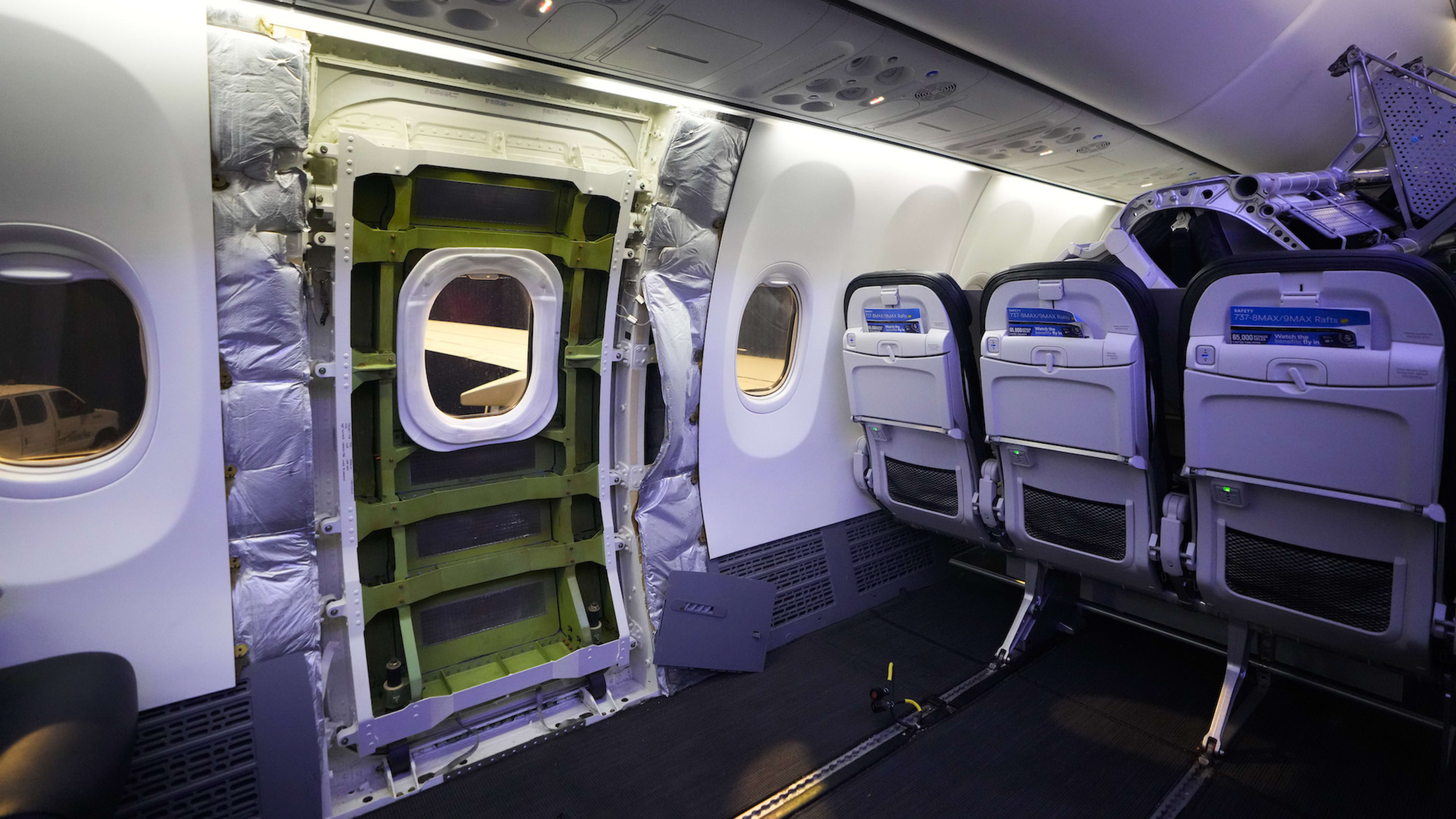 A door plug area of an Alaska Airlines Boeing 737 Max 9 aircraft awaiting inspection