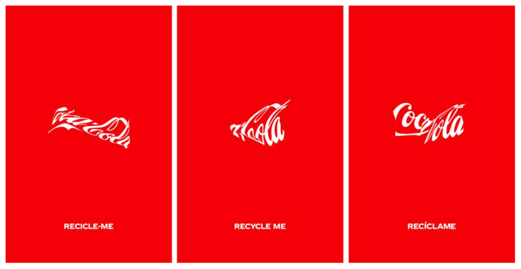 Three images that show variations of the Coke logo as it is crushed.
