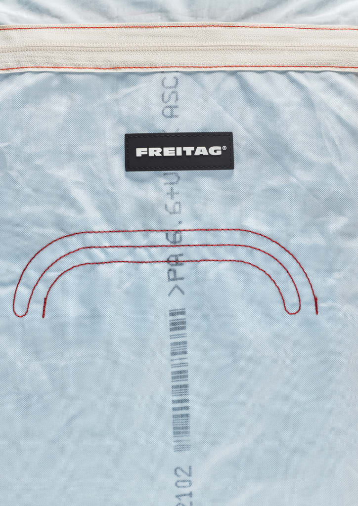 An up-close photo of the Freitag logo on a bag.