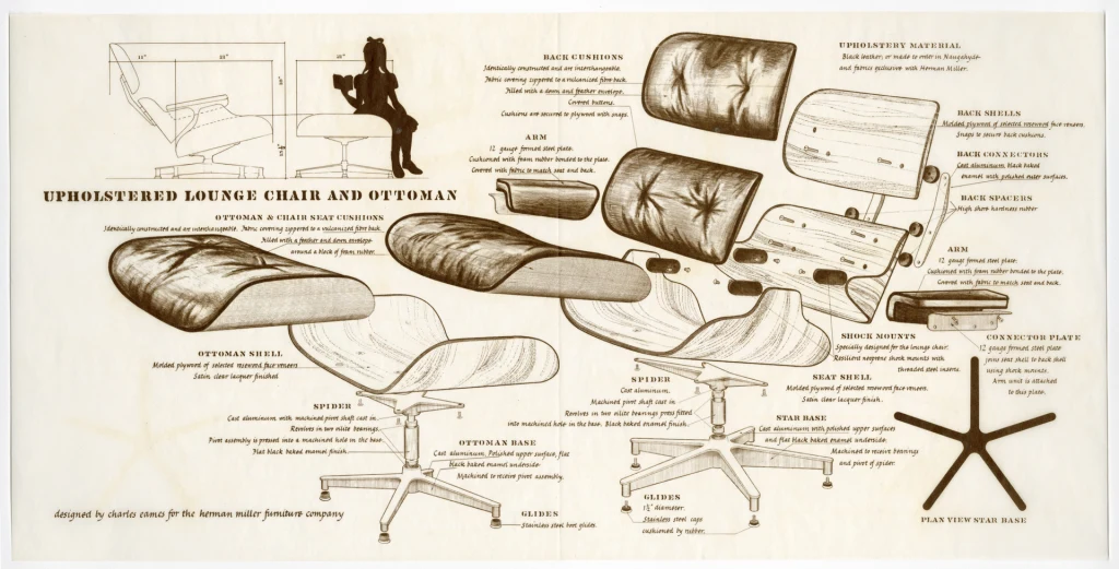 An archival diagram of the Eames lounge chair and ottoman.