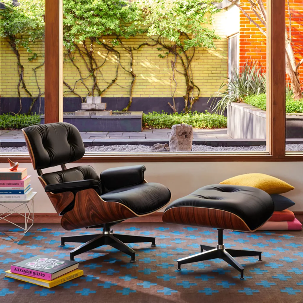 An in situ photo of the plant-based Eames lounge chair and ottoman.