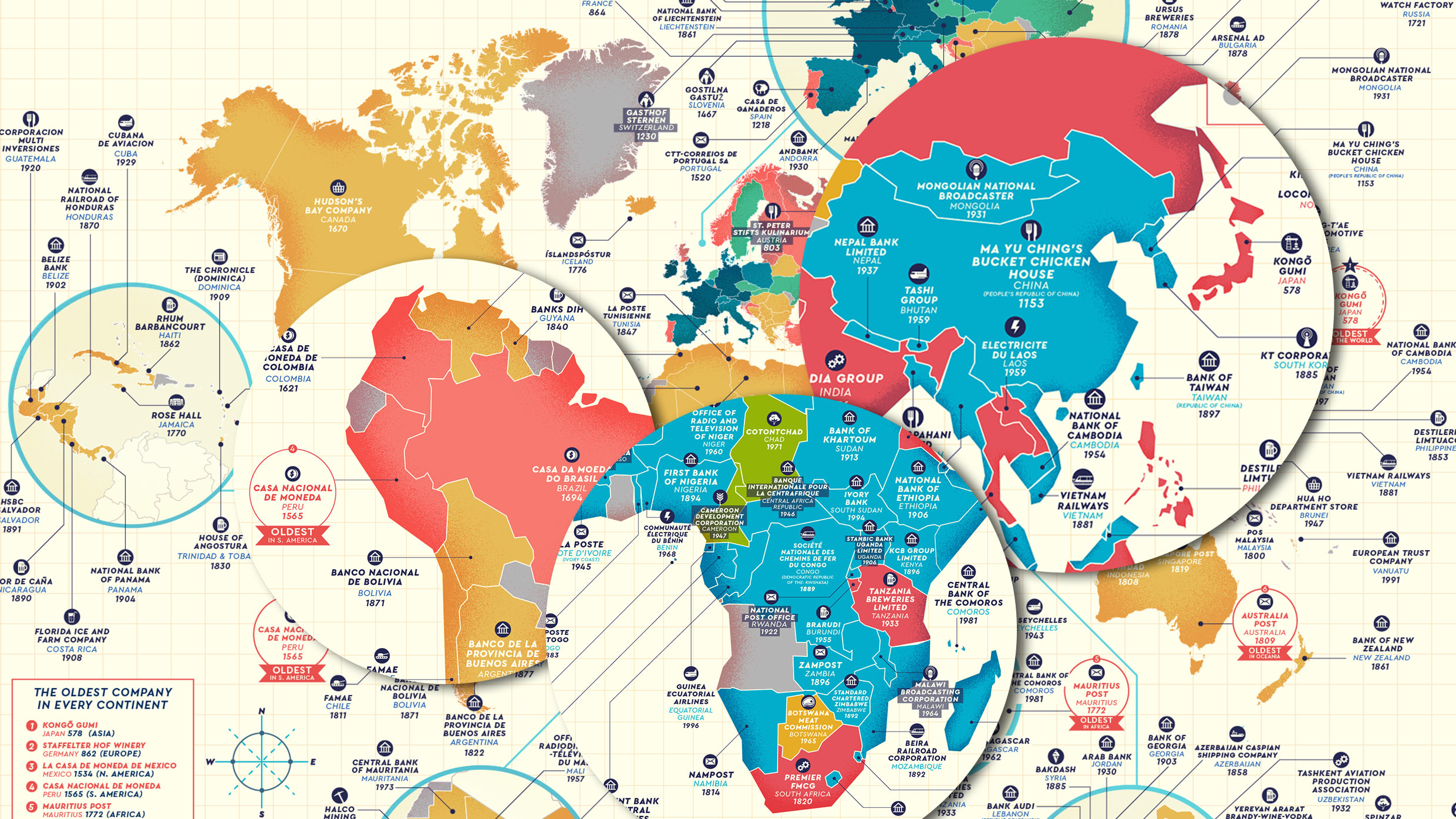 These maps show the oldest companies in the world