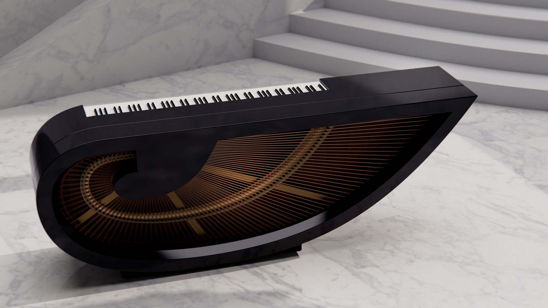 The wing-shaped Ravenchord is a redesigned baby grand piano