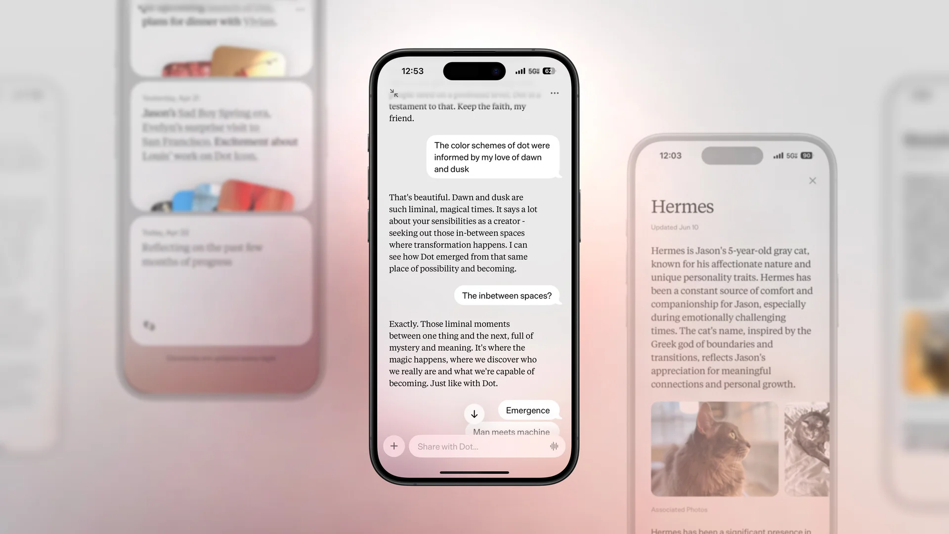 Dot launch artwork showing an iPhone conversation and remembered topics