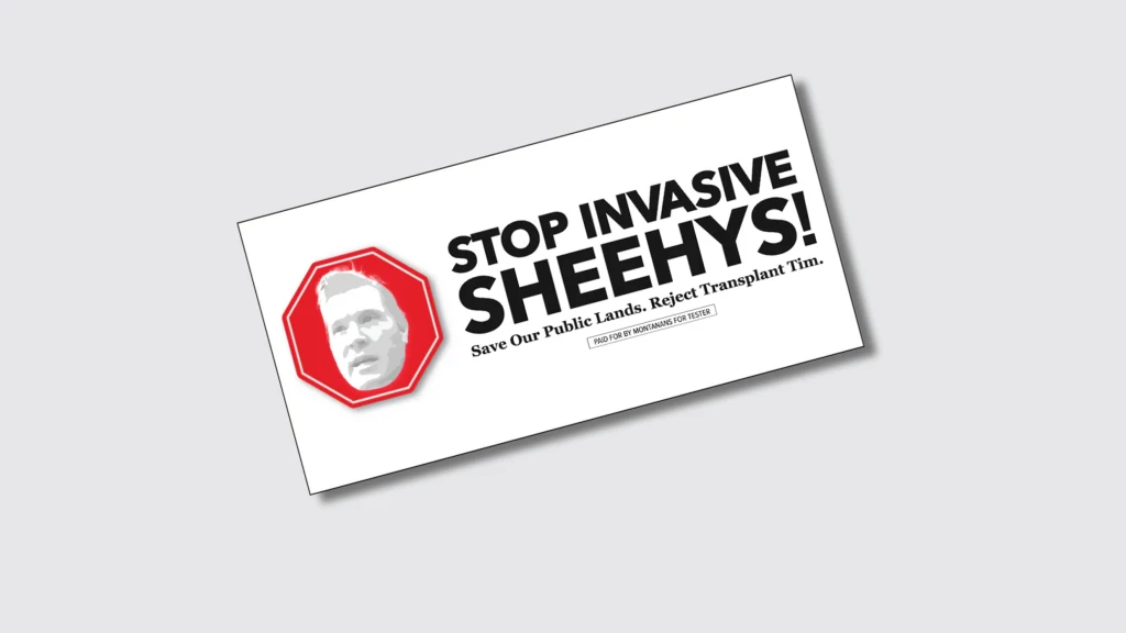 One item in John Tester's merch shop: a bumper sticker that reads "Stop Invasive Sheehy's!"