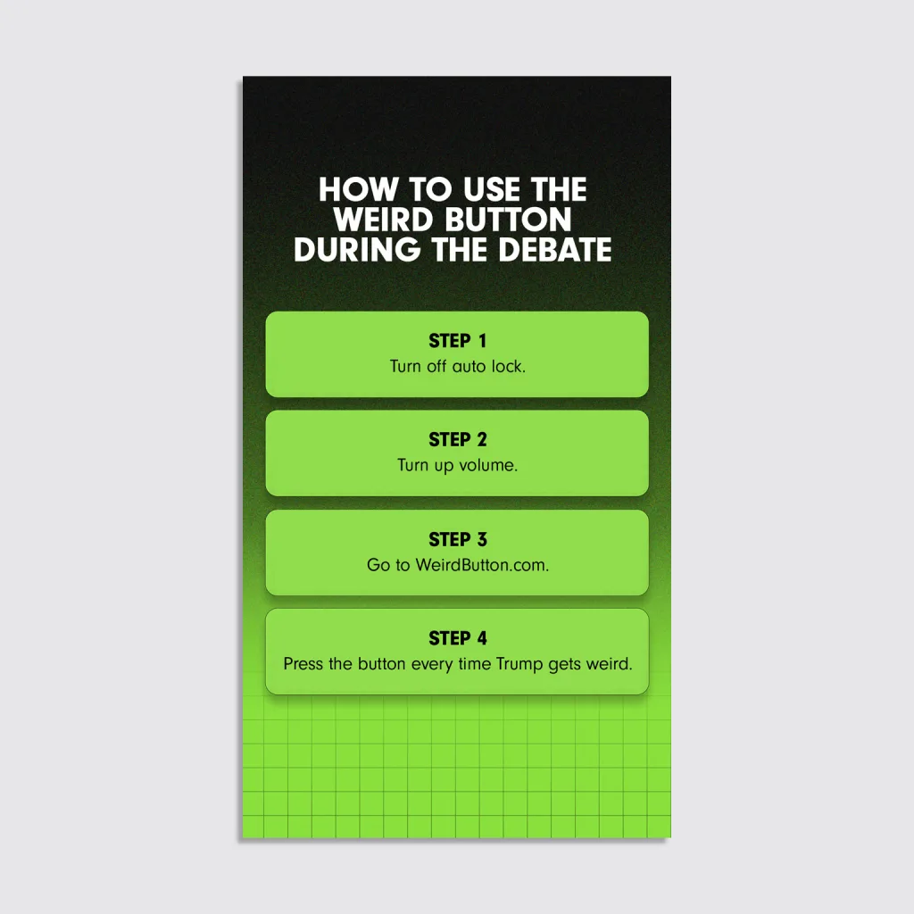 Creatives for Harris "weird button" website phone UI over a gradient green background.