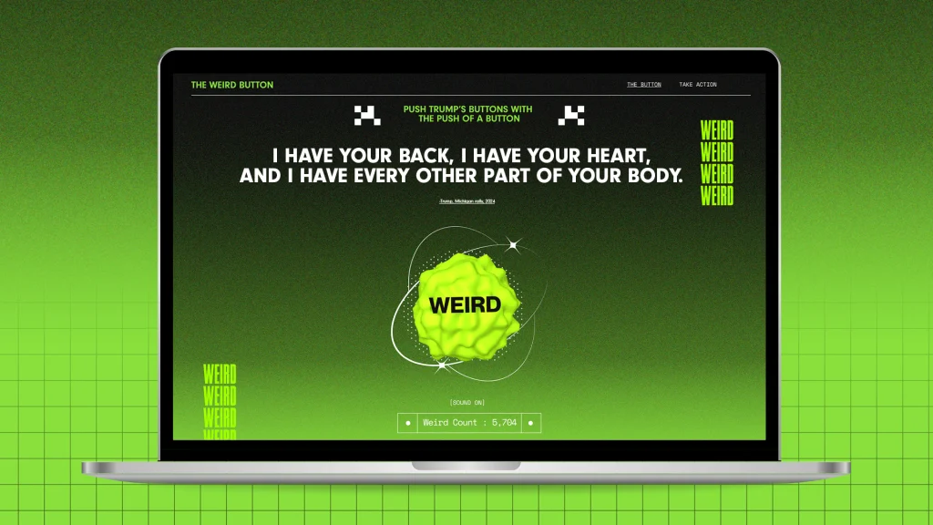 Creatives for Harris "weird button" microsite on a laptop over a gradient green background.