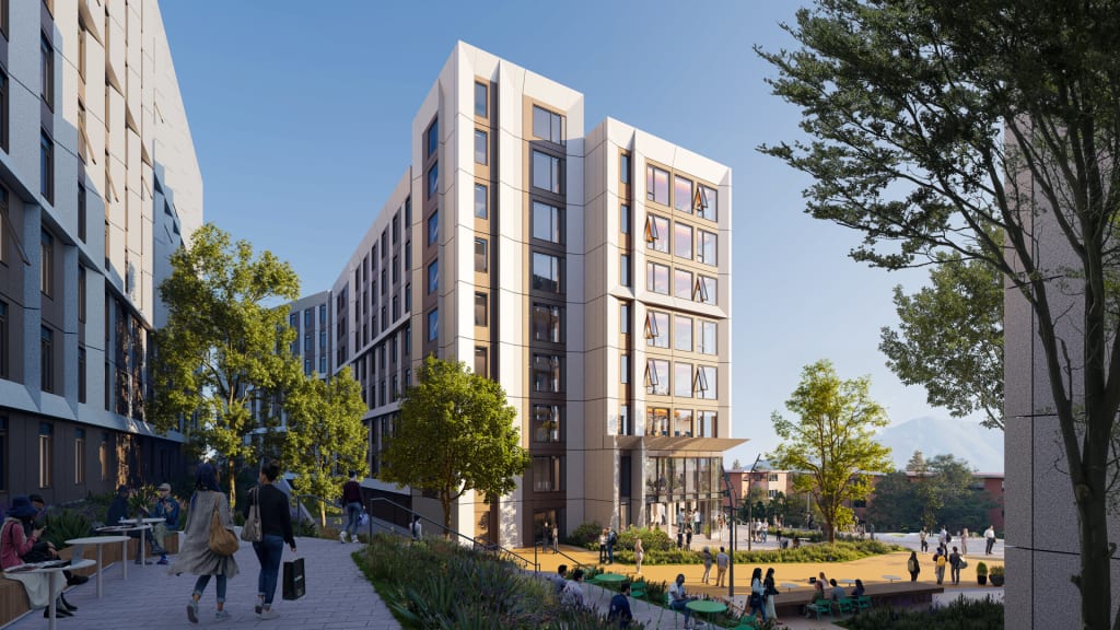 A rendering of a planned modular housing unit at Cal Poly San Luis Obispo.