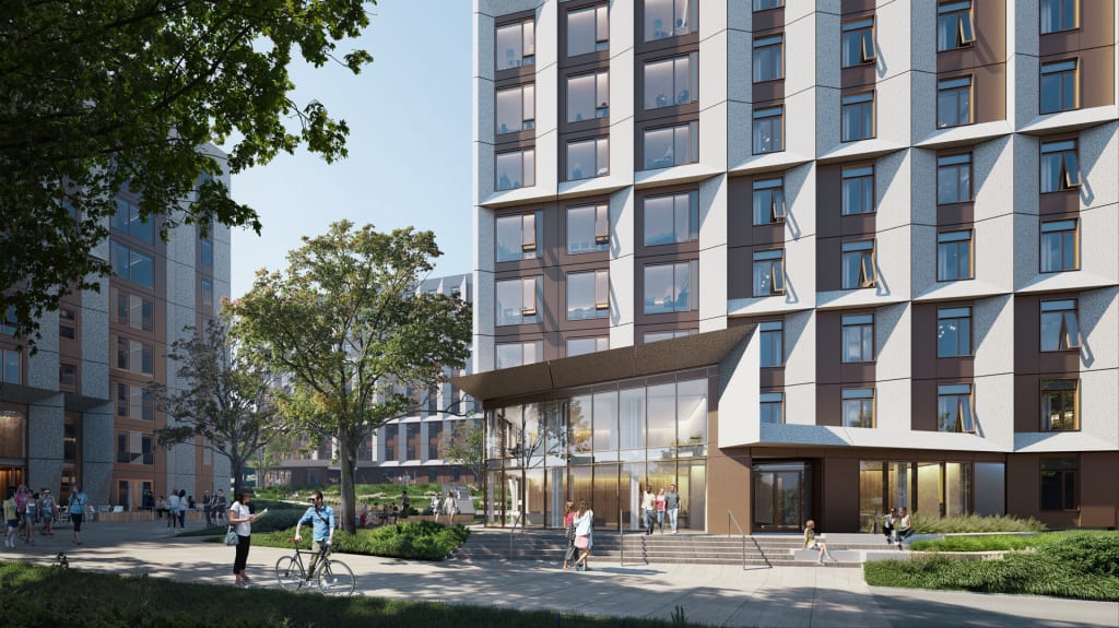 A rendering of a planned modular housing unit at Cal Poly San Luis Obispo.