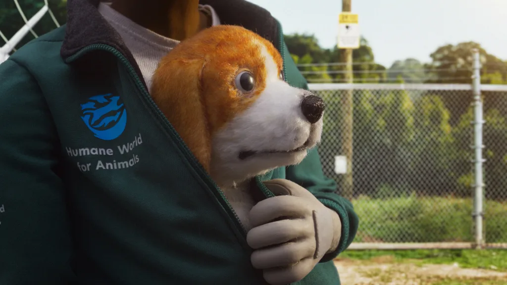 A computer-rendered image depicting a person holding a dog within a Humane World for Animals jacket.