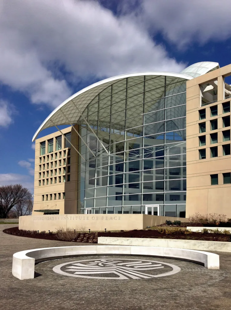 A photo of the USIP building's front facade, by Safdie Architects.
