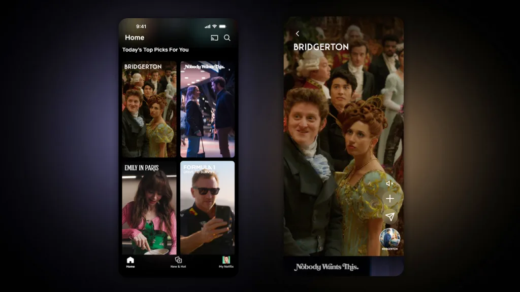 Two screenshots of the new Netflix UI, featuring a personalized feed of clips.