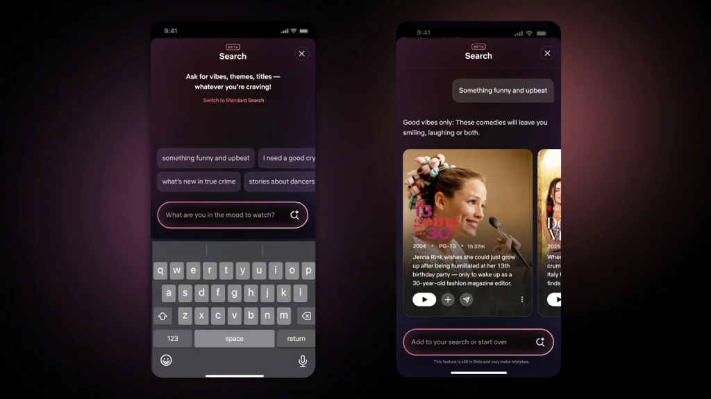 Two screenshots of the new Netflix UI featuring AI search.