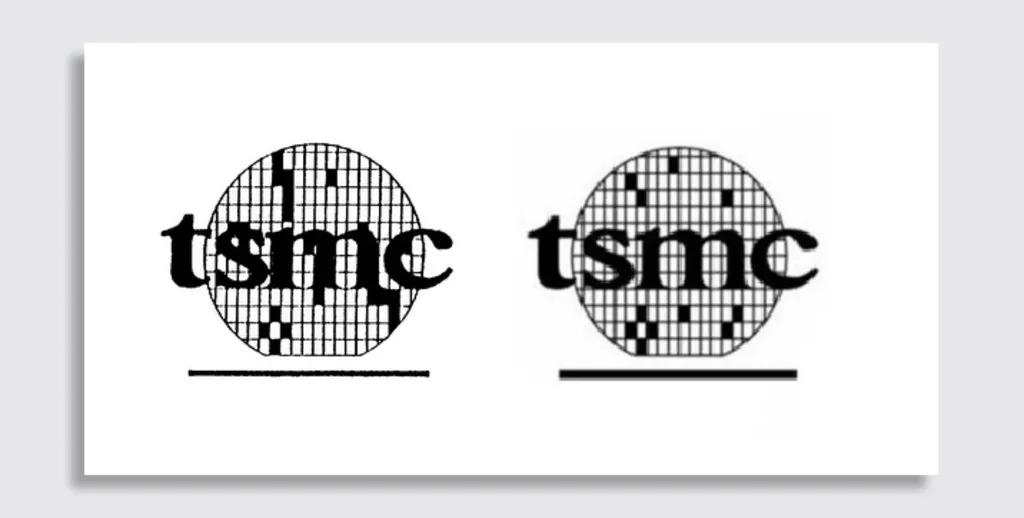 Two logos side by side, each displaying the lowercase text 'tsmc' over a circular grid pattern composed of black and white squares. The left logo has more black squares in it's grid. A horizontal line runs beneath each logo.