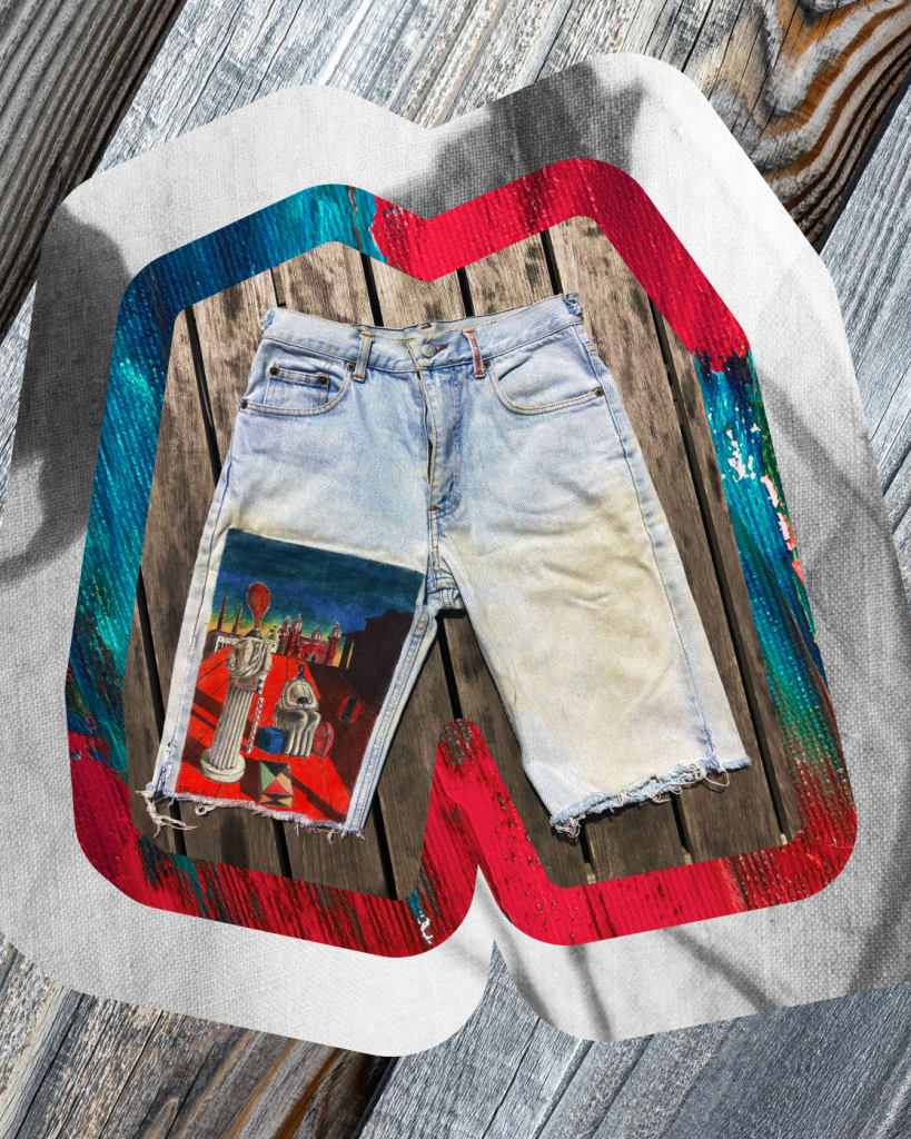 A photo of Porcinis aformentioned trousers in a collage with textural details. The trousers are cut off denim shorts in a light wash, the right leg has been painted with a surrealist landscape scene evoking classical sculptures, renaissance architecture, industrial smokestacks, and abstract elements. On one of the belt loops there has been added ornamental red stitching.