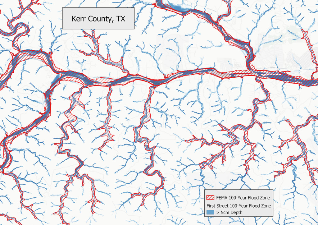 Map of Kerr County, Texas, overlaid with red and blue flood zones. Blue areas extend beyond red zones, especially along smaller creeks and tributaries. The map includes labeled roads and terrain features, with shading indicating water depths over 5 cm in some areas.
