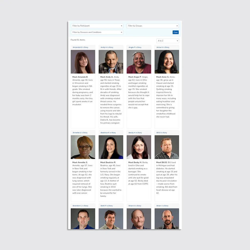 A screenshot of "Tips from former smokers" participants that were part of the CDC anti-smoking PSA according to the CDC website.