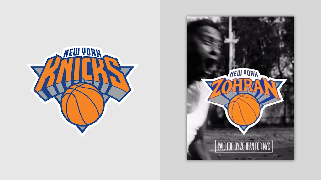 A side-by-side comparison of the New York Knicks logo on the left with the "New York Zohran" parody of the logo as part of a Zohran for NYC ad campaign on the right.