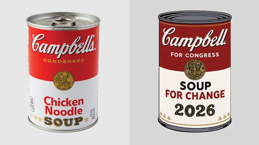 A side-by-side comparison of the Campbell's Chicken Soup can on the left with the "Campbell for Congress" parody graphic of the can  on the right.