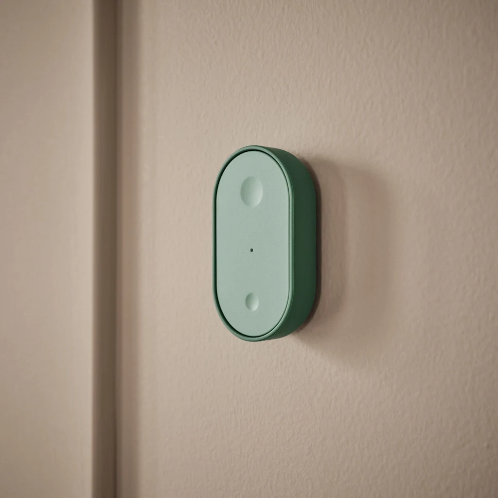 A light green sensor on a beige wall.