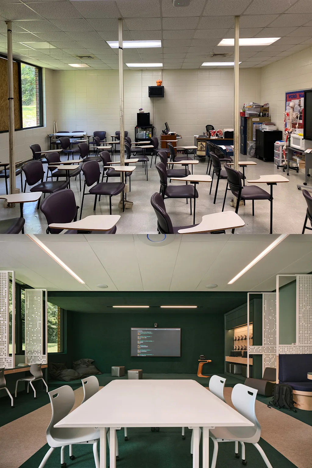 Two photos stacked on top of each other. The top photograph shows a classroom with a bare gray cinderblock walls, linoleum floor, and acoustic tile ceiling interior, small desk-chairs are haphazardly arranged around the room, there's a small TV bolted to the wall and a small TV on a cart. One of the classroom windows is boraded up. In the bottom photo there is new green carpet flooring, green walls, modern furniture, a shared desk and new acousitc dividers, a large screen is attached to the wall next to a rack of headphones and tablet computers. The windows are not boarded up.