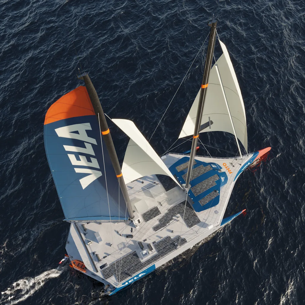 A bird's eye photo of the Vela cargo ship at sea on a sunny day.