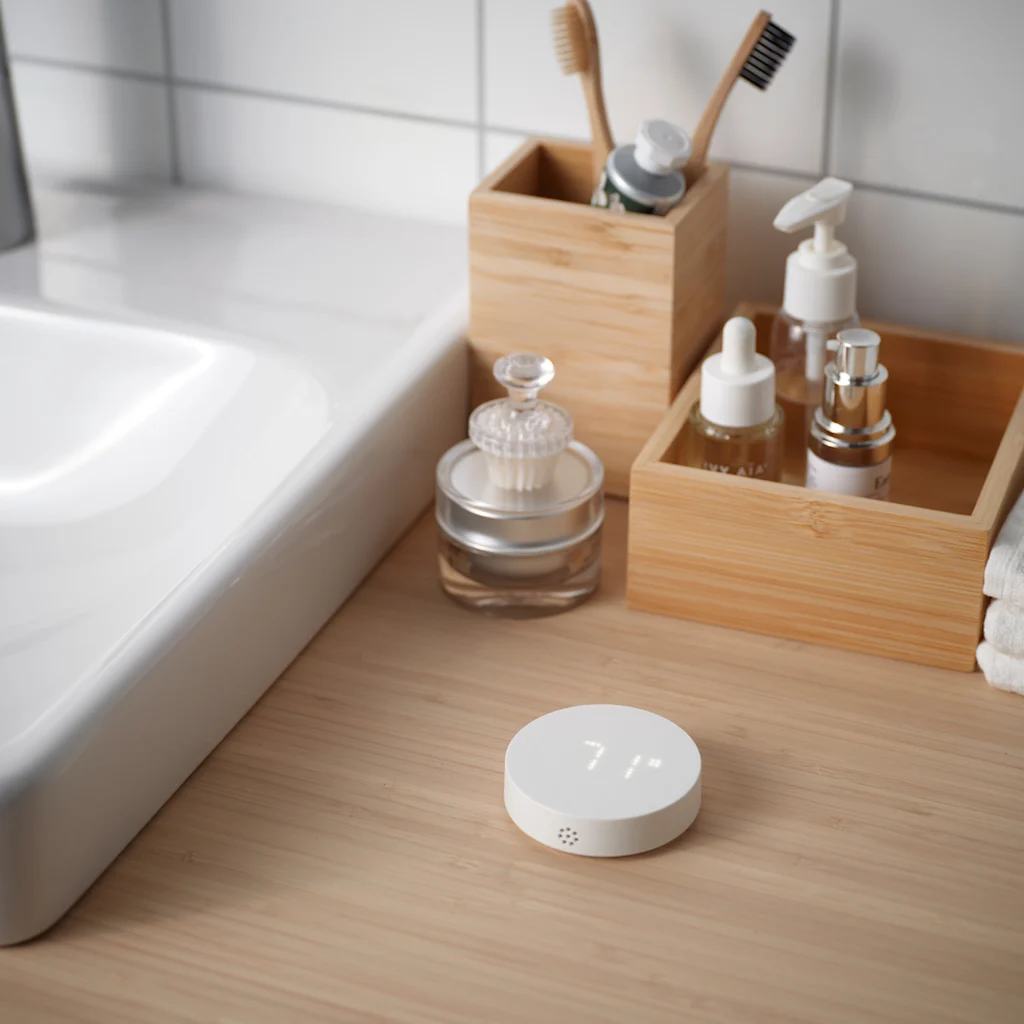 A temperature sensor within Ikea's smart home range sits on a bathroom counter.