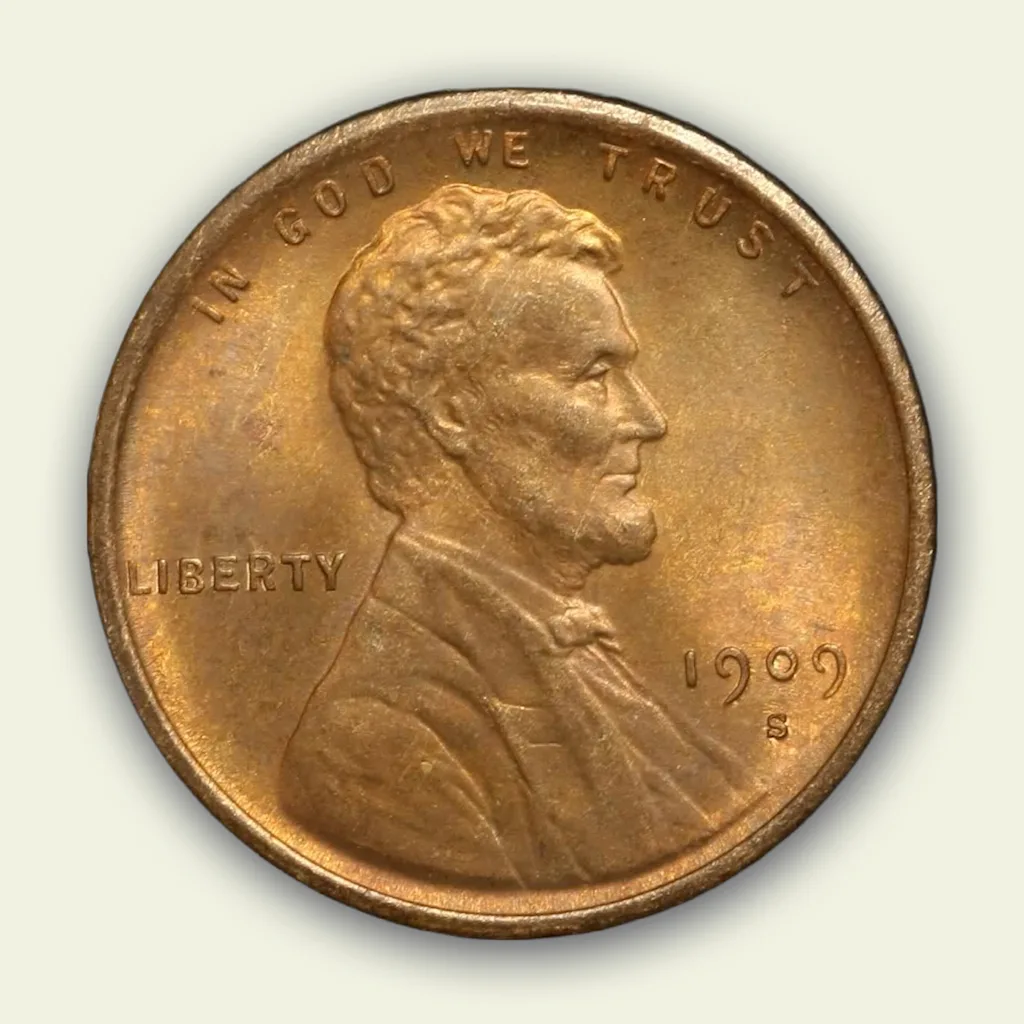 A photo of the face-side of the first Lincoln penny, in 1909.