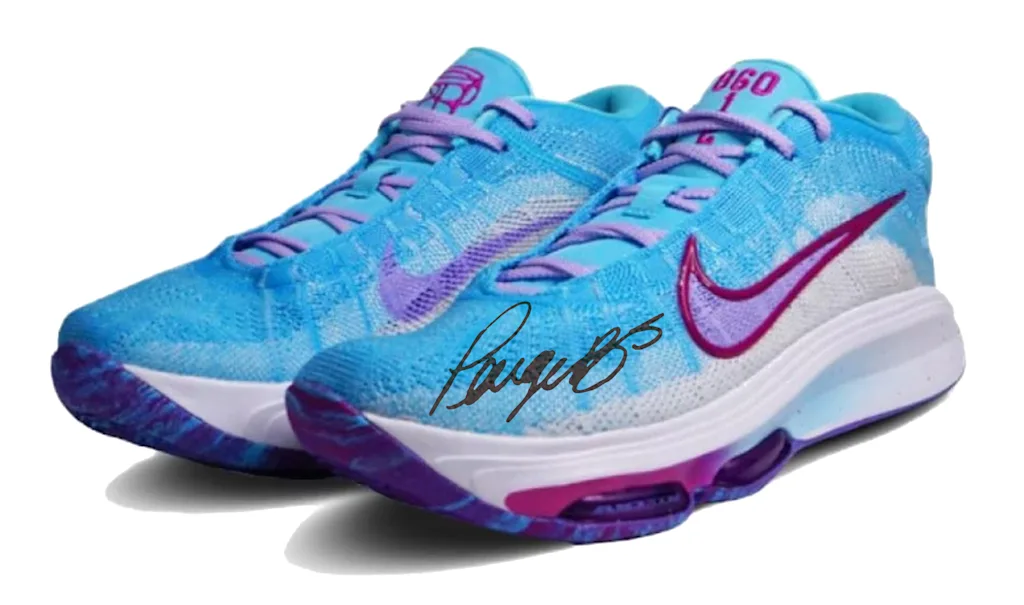 A photo of light blue and purple signed sneakers from the Paige Bueckers Fanatics collection.