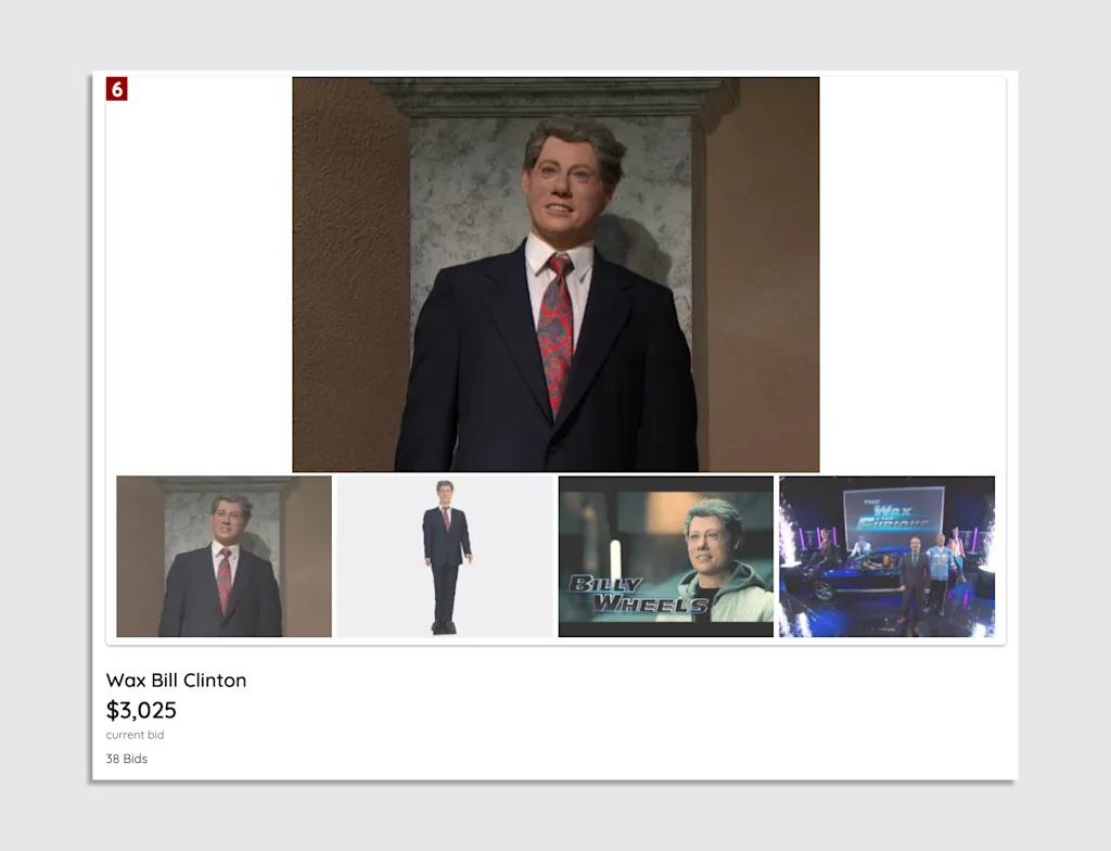 Een screenshot van de John Oliver-veilingsite met een wassen beeld van Bill Clinton.