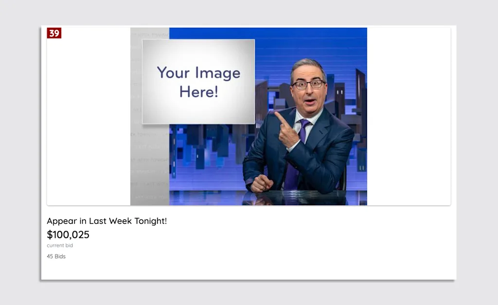 A screenshot from the John Oliver auction site depicting an "appear in last week tonight!" listing.