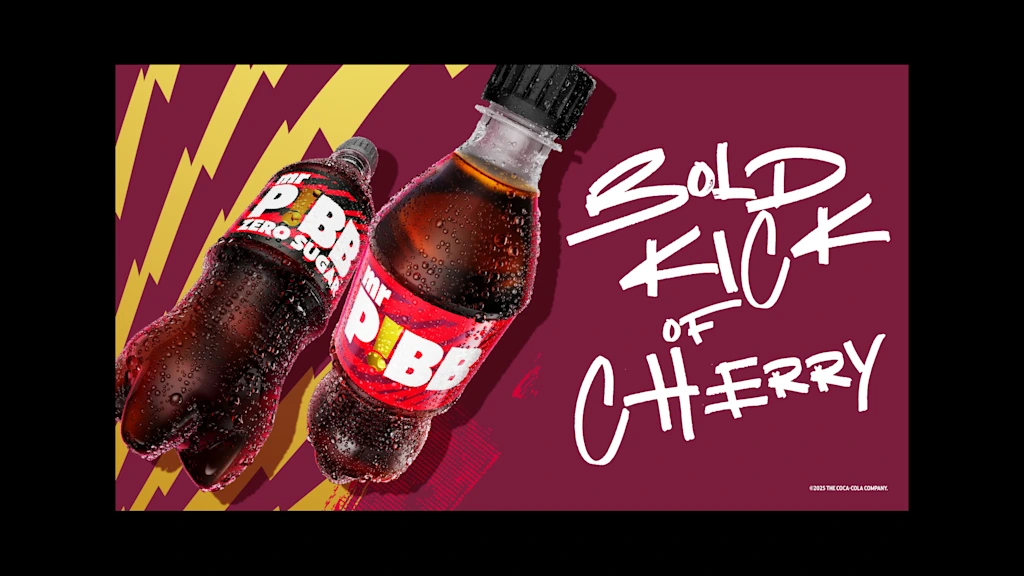 The Mr. Pibbs branding next to the text "bold kick of cherry."