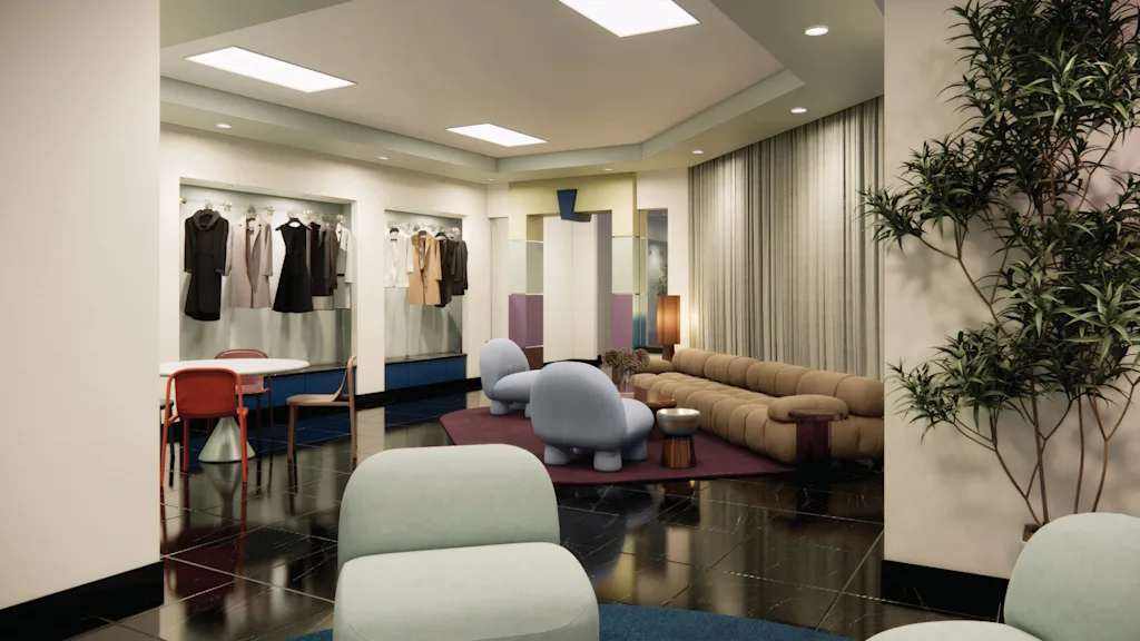 wardrobe racks and comfortable looking furniture in a rendered image
