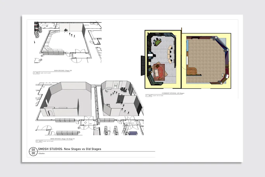 An architectural elevation plan comparing the new and old studio spaces, there is more space in the new studio. 