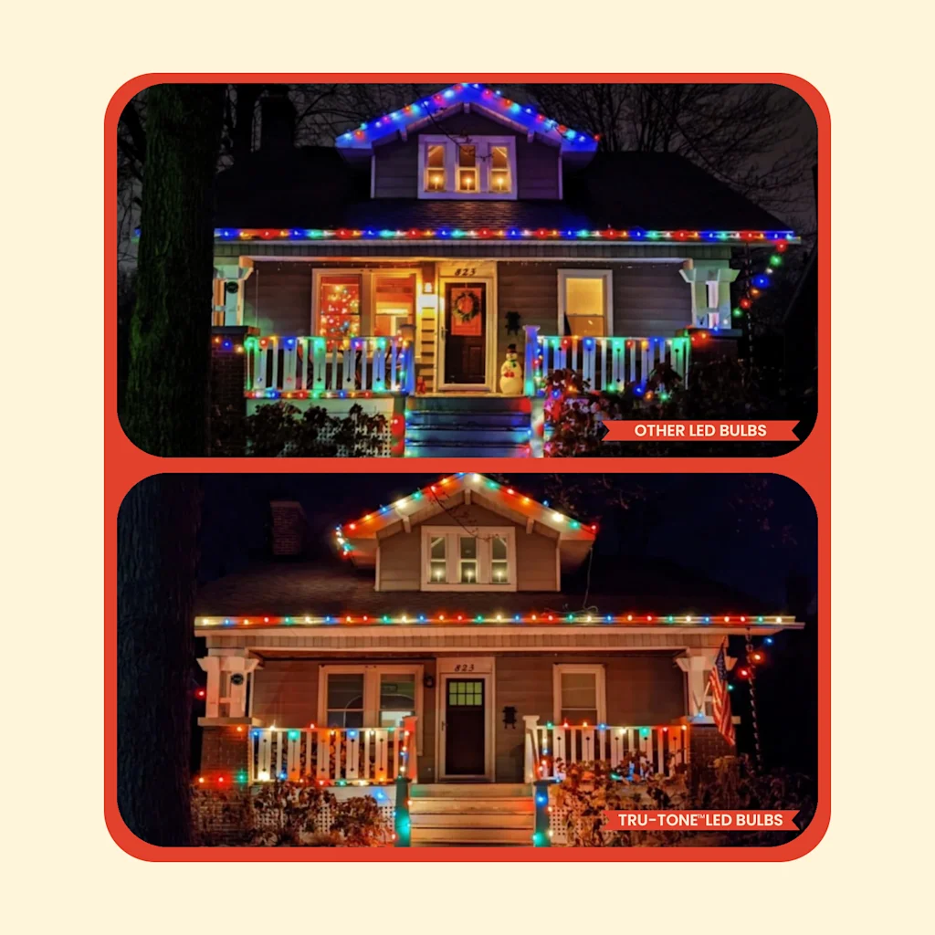een vergelijkingsafbeelding van hetzelfde huis met twee soorten kerstverlichting, de foto bovenaan 'andere led-lampen' heeft koelere temperatuurkleuren, de foto onderaan 'tru-tone led-lampen' heeft warmere temperatuurkleuren.