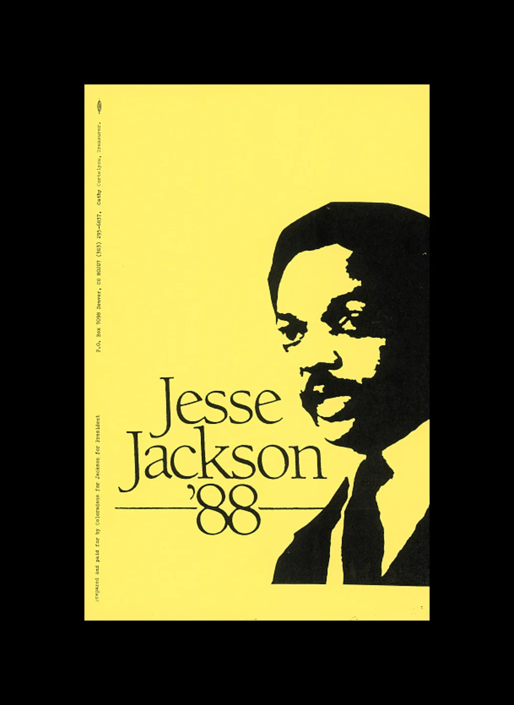 A two-tone yellow poster with black type and an image of the politician in profile reads "Jesse Jackson '88".