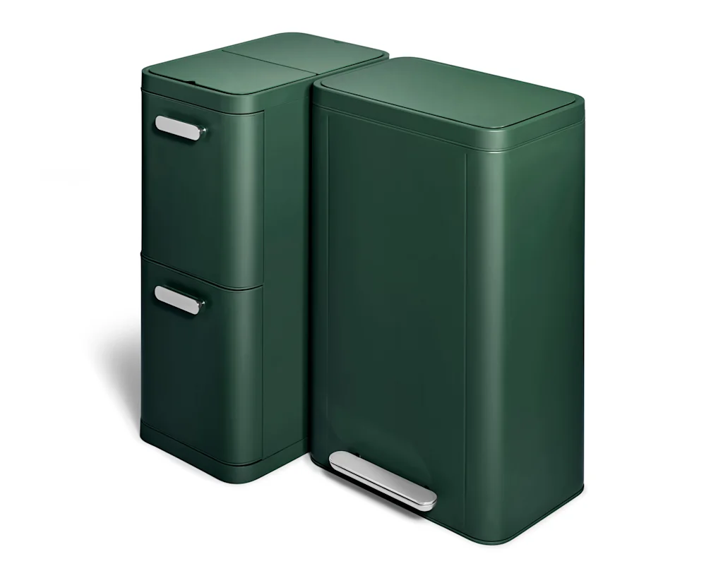 A product photo of a Caraway trash can and recycling system in evergreen.