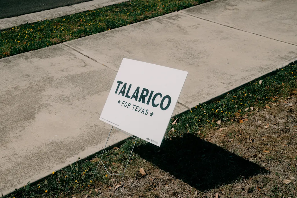 A photo of a "Talarico for Texas" yard sign.
