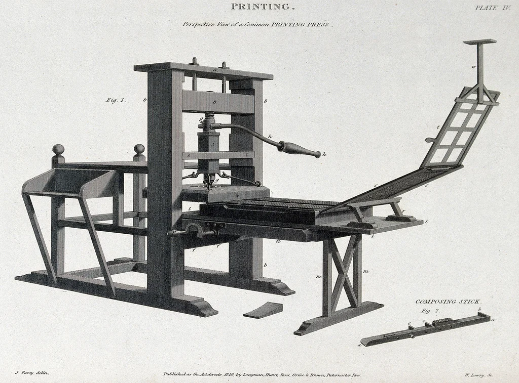 Illustration of a printing press, Engraving by Wilson Lowry after John Farey. 1819.