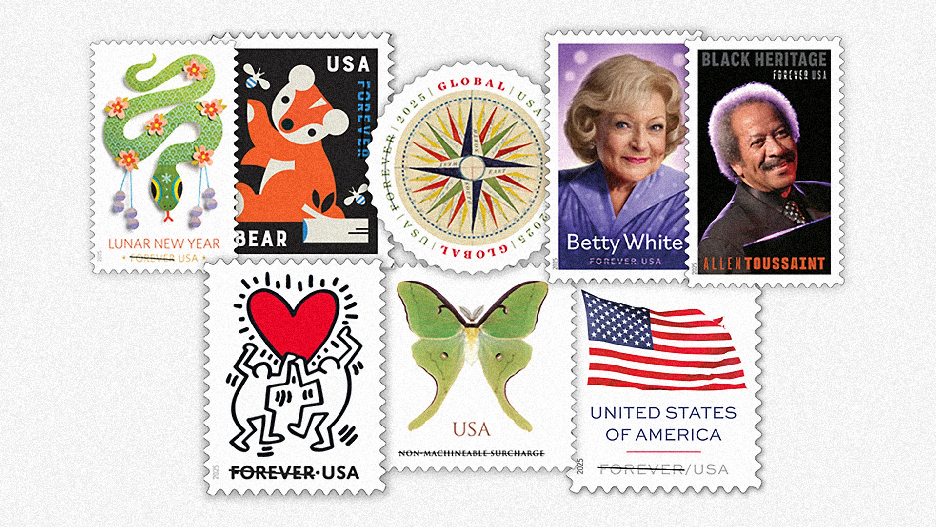 Betty White, Keith Haring, and cute animals These are USPS's 2025