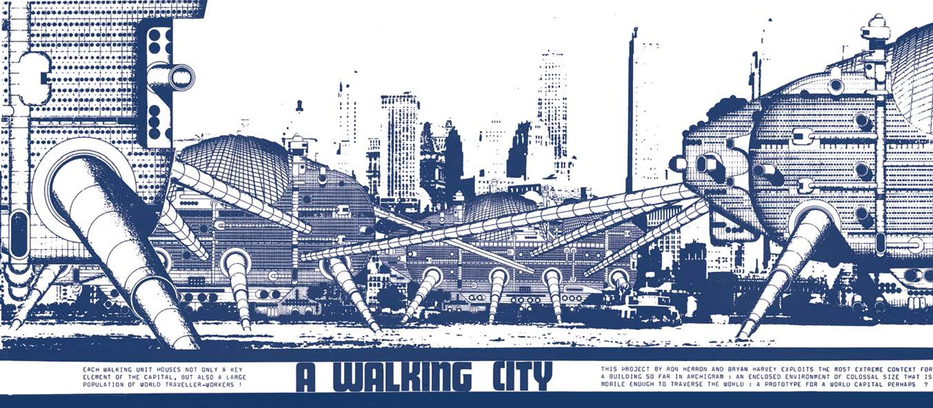 A graphic of "a walking city" from Archigram magazine.