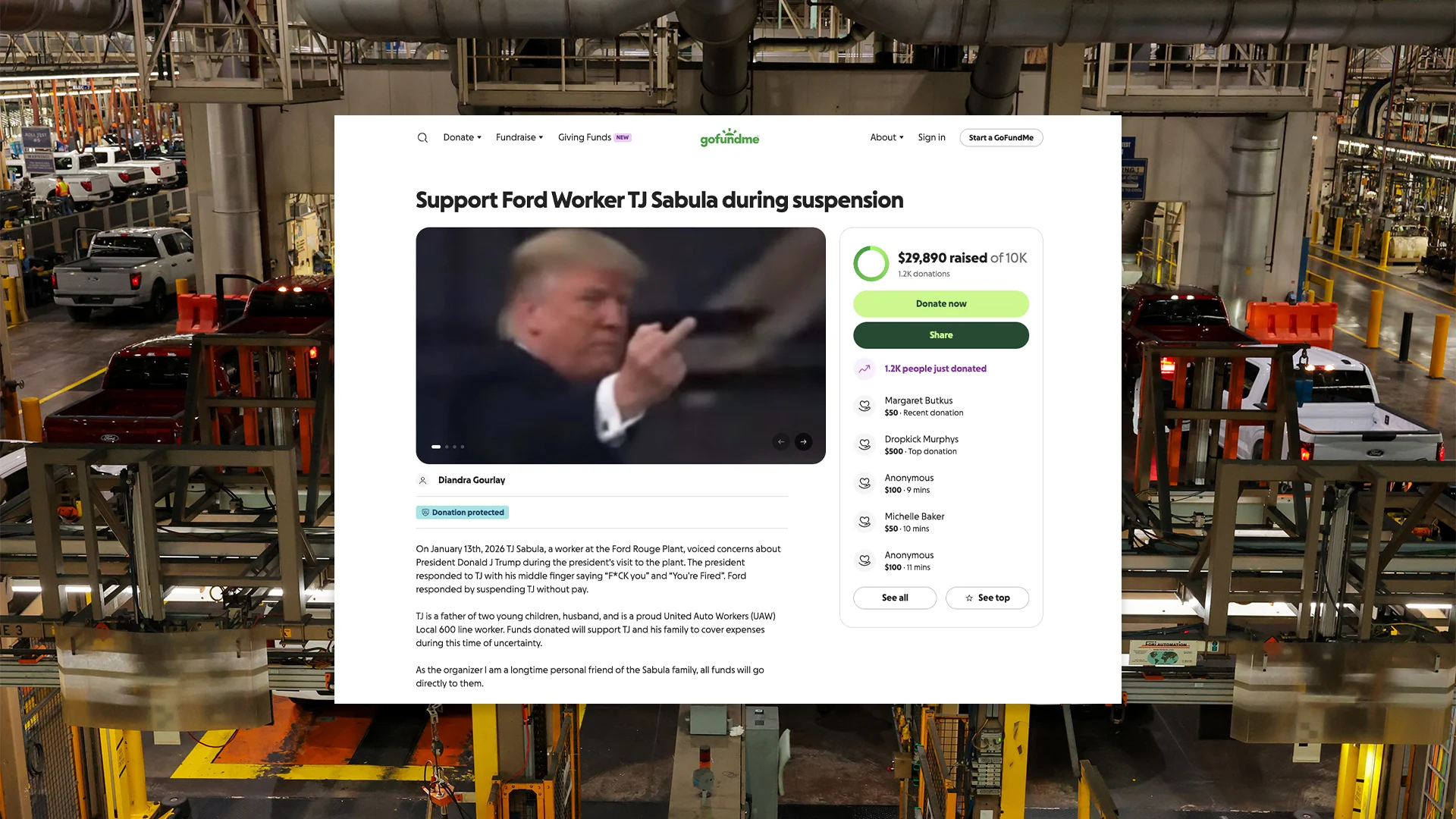GoFundMe campaign for Ford worker TJ Sabula quickly tops $90K in latest politically charged fundraiser
